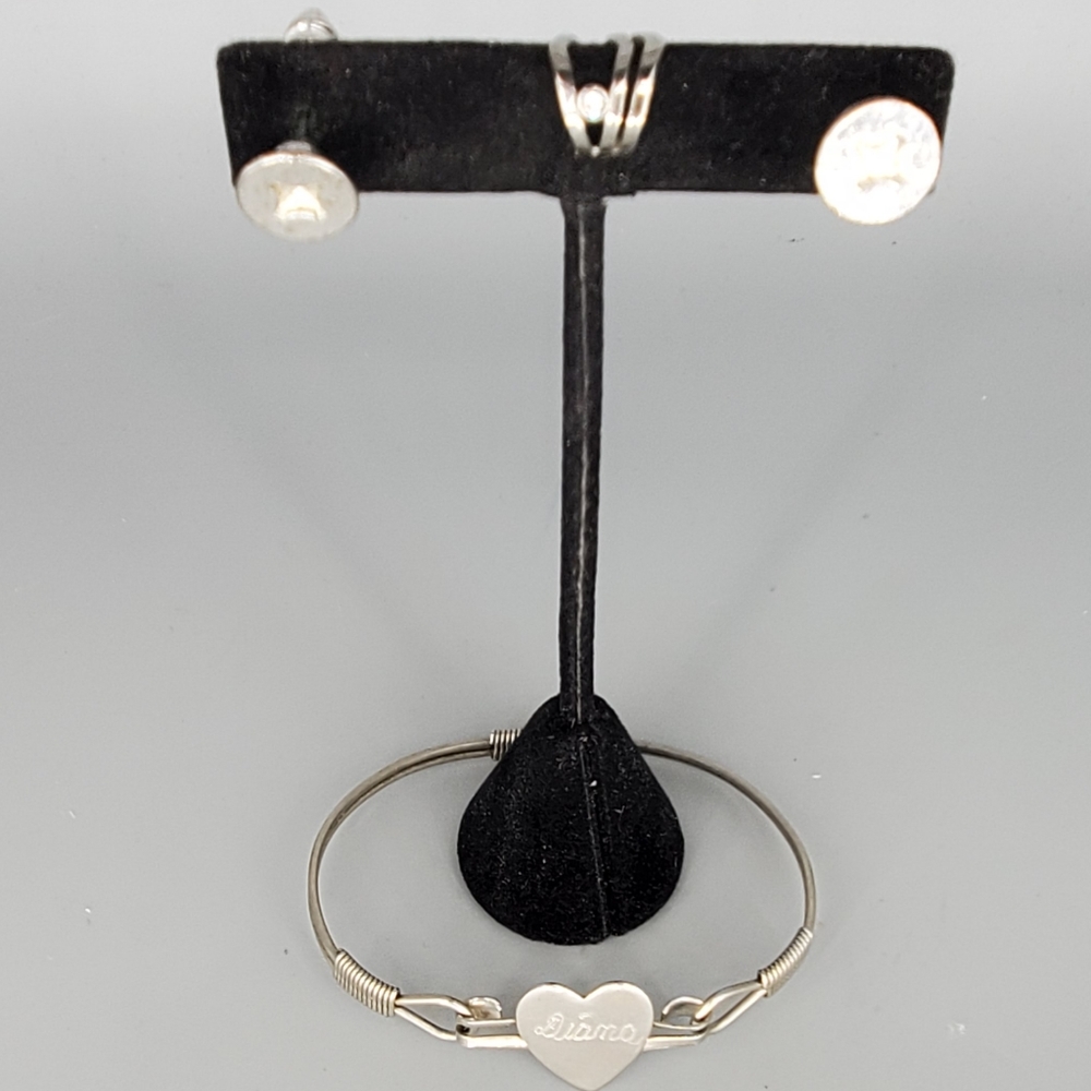 Diana Silvertone Heart Bracelet, Screw Earrings and Earring Cuff 3 Piece Set